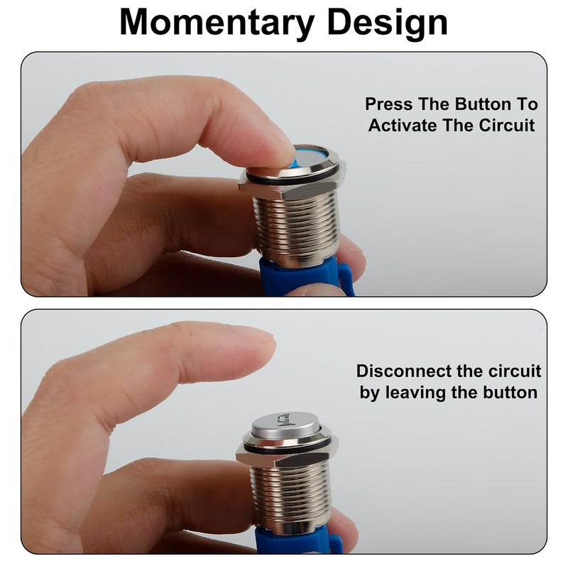BFXM Horn Button 12v, 16MM Raised Speaker Momentary Push Button Switch, 5/8" Mounting Hole Horn Switchs for Automotive Car Boat Train, Blue LED Light Silver Stainless Steel Shell - Image 4
